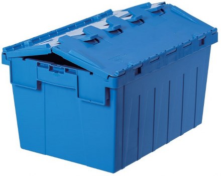A large rectangular blue plastic storage box with a hinged lid partially open, revealing its textured surface and sturdy construction, positioned outdoors on a paved driveway or pavement. The box is made of durable, weather-resistant material with vertical ridges along its sides for strength. It sits in front of a background that suggests an outdoor setting, possibly near a commercial or residential property in Grays or the surrounding area. The lid features securing clips, and the overall appearance indicates it is used for storing or transporting rubbish or waste materials, aligning with rubbish removal services offered by Commercial Waste Grays. The lighting is natural, highlighting the vibrant blue colour and matte finish of the container, emphasizing its practical utilitarian design suited for waste management tasks in the local area.